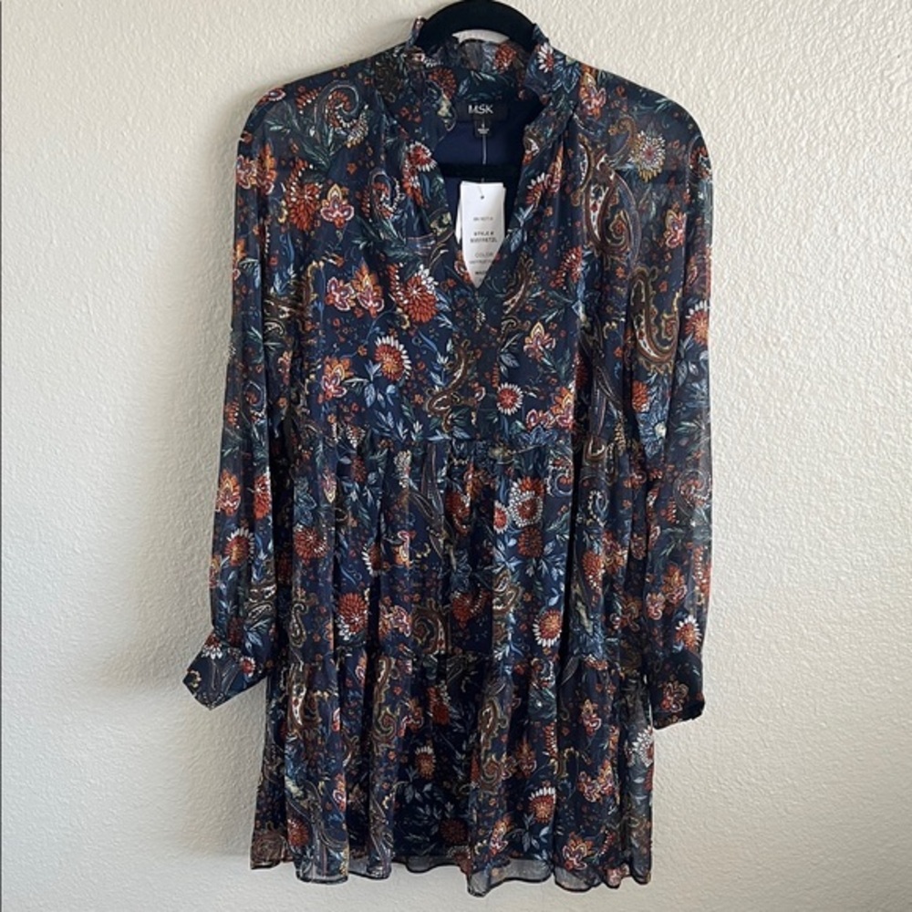 NWT MSK Long Sleeve Floral Dress - Navy and Red